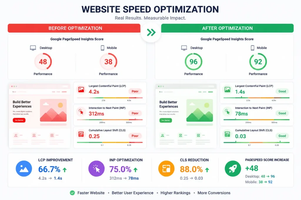 Technical SEO Services 3 Before vs after website speed optimization with LCP, INP, CLS, and PageSpeed score.