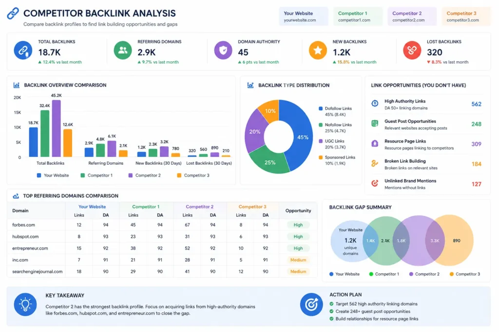 Competitor Analysis for SEO 2 Competitor Analysis for SEO backlink comparison dashboard and link-building opportunities