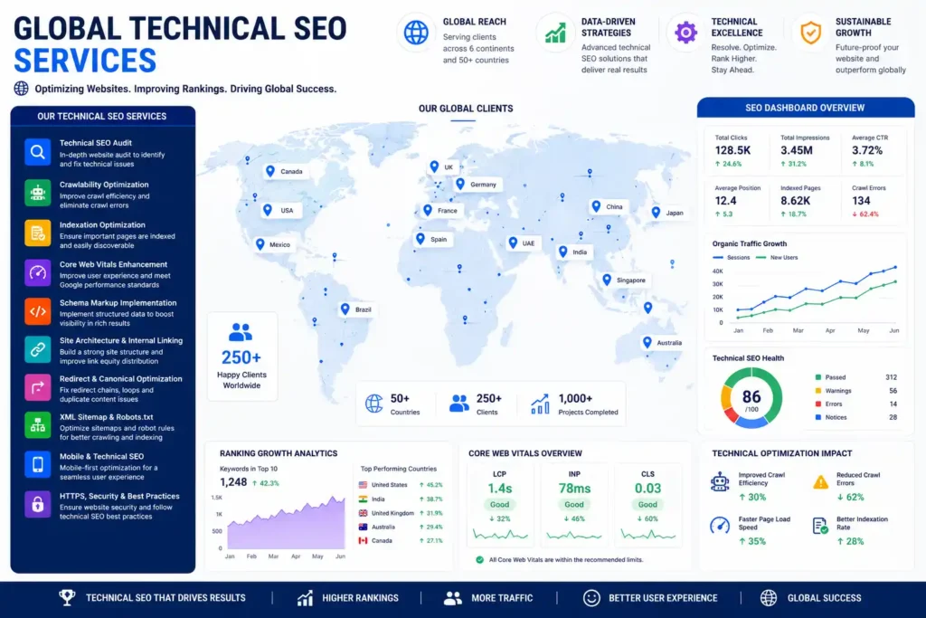 Technical SEO Services 4 Global technical SEO services graphic with world map, SEO analytics, and ranking growth.