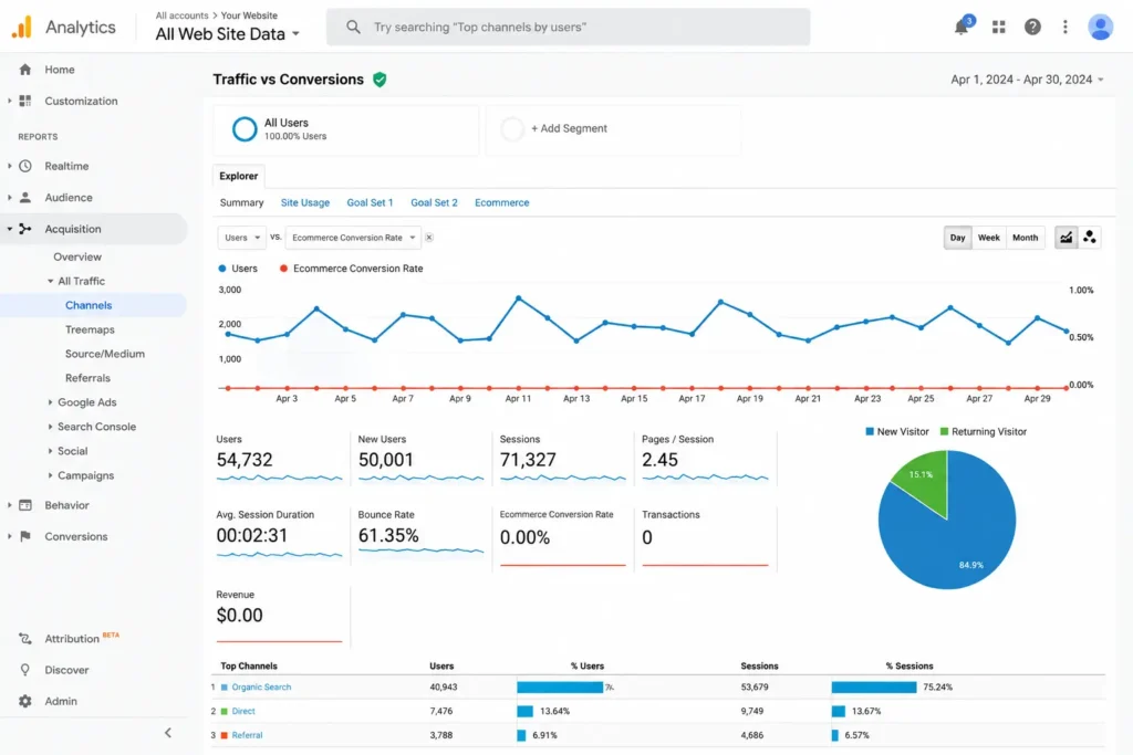 Google Analytics Traffic vs Conversion Performance Report