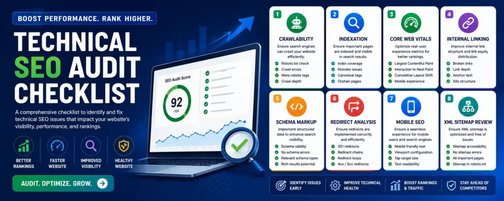 Technical SEO Services 2 Technical SEO audit checklist banner with crawlability, schema markup, and mobile SEO.