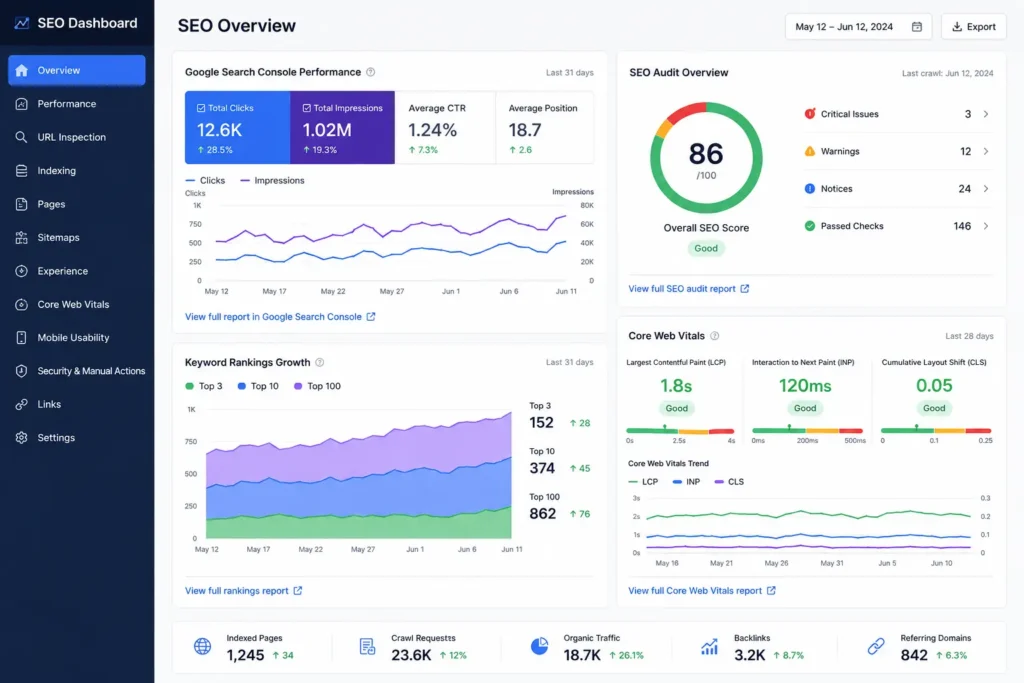 Technical SEO Services 1 Technical SEO dashboard with Google Search Console graph and Core Web Vitals metrics.